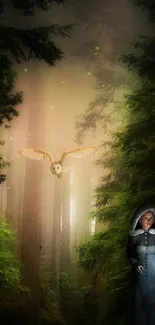 Mystical forest with owl and figure holding lantern.