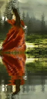 Mystical lady in red gown by a forest lake under a moonlit sky.