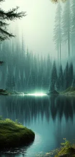 Mystical forest lake with reflective water and towering evergreen trees.