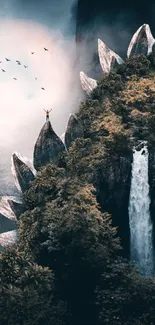 Mystical forest wallpaper with waterfall and stone peaks.