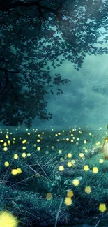 Enchanting forest with lantern and glowing fireflies.