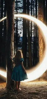 Girl in forest with glowing crescent moon at night.