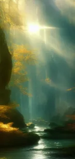 Sunlit forest path with vivid greenery.