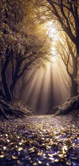 Mystical forest path with golden sunlight streaming through trees.