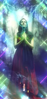 Mystical forest with neon lights and a praying woman.