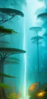 Mystical forest with lightning and turquoise glow.