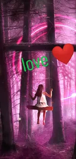 Girl swinging in a mystical purple forest with a red heart and the word 'love'.