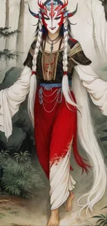 Mystical figure in a forest setting with a striking red and white costume.