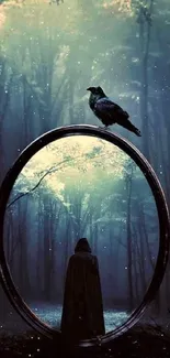 Mystical forest with mirror portal and crow perched on top, captivating design.