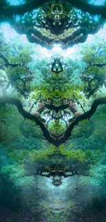 Mystical forest wallpaper with symmetrical tree design.