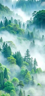 Misty forest landscape with lush green trees