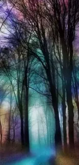 Mystical forest with colorful trees and dreamy atmosphere for mobile wallpaper.