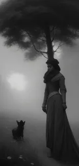 Cloaked figure and dog in misty forest scene, black and white.