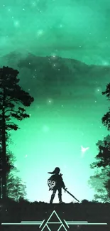 Silhouette in a mystical green forest wallpaper.