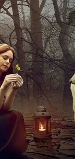 Mystical forest with woman, wolf, and lantern.