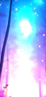 Mystical forest scene with glowing blue and purple hues, featuring trees and stars.