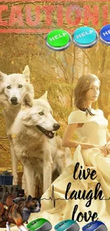 Mystical forest wallpaper featuring wolves and a woman in a forest setting.