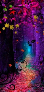 Mystical forest wallpaper with vivid purple hues and artistic black vines.