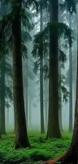 Mystical foggy forest with tall trees and lush ground cover.