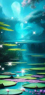 Mystical forest wallpaper with teal waters.