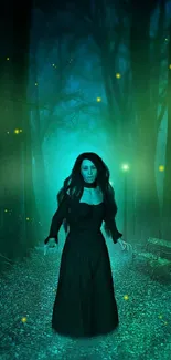 Mysterious woman in a glowing, mystical forest with fireflies.