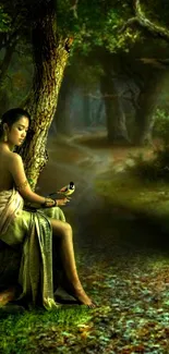 Elegant woman in mystical forest setting on mobile wallpaper.