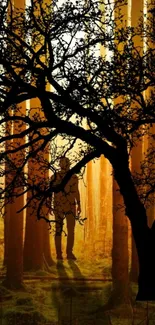 Silhouette of a tree in an amber-toned mystical forest.