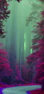 Vibrant magenta forest with a mystical green fog on a mobile wallpaper.