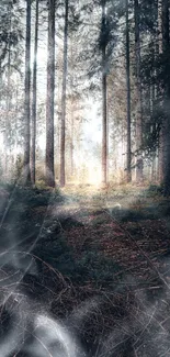 Mystical forest with tall trees and serene greenery, perfect for mobile wallpaper.