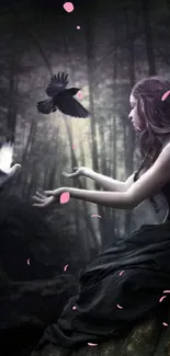 Woman sits in mystical forest surrounded by birds, under ethereal light.