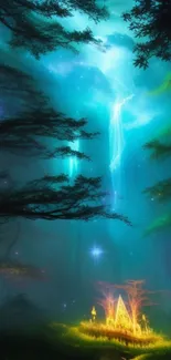 Mystical forest mobile wallpaper with ethereal teal lighting.