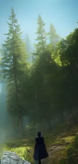 Mystical forest with figures, trees, and mist in the background.