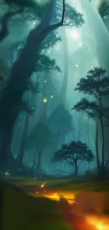 A mystical forest with towering trees and ethereal light creating an enchanting scene.