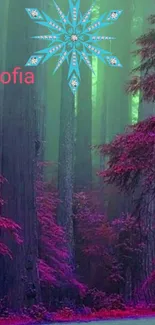 Mystical forest wallpaper with vibrant pink and green trees.