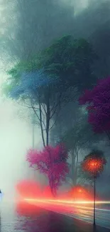 Mystical forest with colorful trees and vibrant lights.