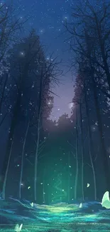 Mystical forest scene with glowing path and butterflies under a starlit sky.