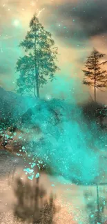 Mystical forest wallpaper with turquoise mist and serene trees.