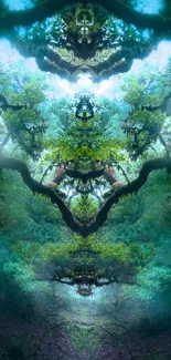 Mystical emerald green forest wallpaper with symmetrical tree branches.