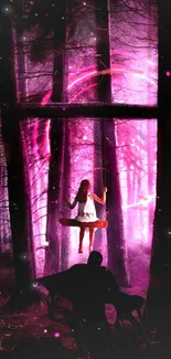 Mystical forest wallpaper with a girl swinging under purple lights.