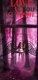 Mystical forest wallpaper with glowing tribute and wings for mom.