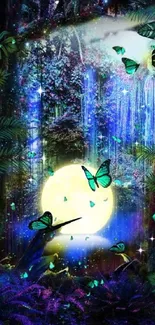 Mystical forest wallpaper with moonlit glow and butterflies.