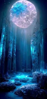 Mystical forest with a radiant moon casting blue ethereal light on trees.