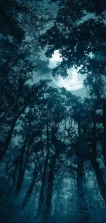 Forest under a full moon with teal-blue hues creating a mystical vibe.