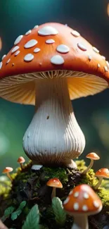 Close-up view of a red and white mushroom in a mystical forest setting.