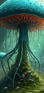 Mystical teal mushroom in a forest setting, exuding fantasy and magic.