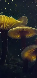 Glowing yellow mushrooms in a dark, mystical forest creating an enchanted ambiance.