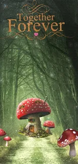 Enchanting forest path with red mushrooms and lush greenery.