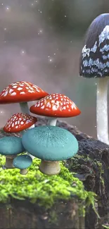 Vibrant mushrooms on a mossy forest log.