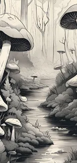 Black and white forest with mushrooms by a serene stream, creating a mystical ambiance.