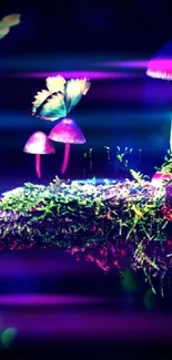 Vibrant mushrooms and butterflies on a mossy branch in a mystical forest setting.